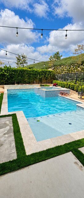 Pool with a raised blue patterned tile spa and a broad shallow shelf