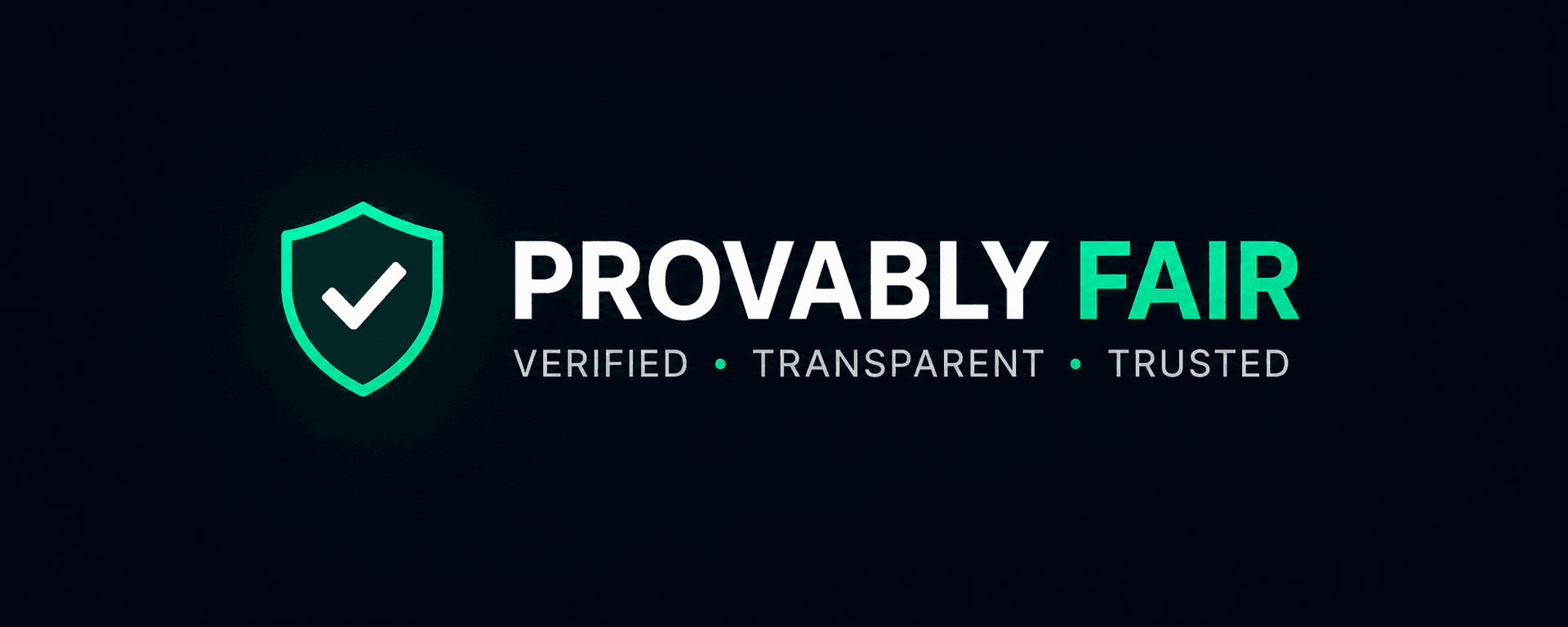 Provably fair crypto casino verification banner with verified shield icon and transparent gaming system illustration