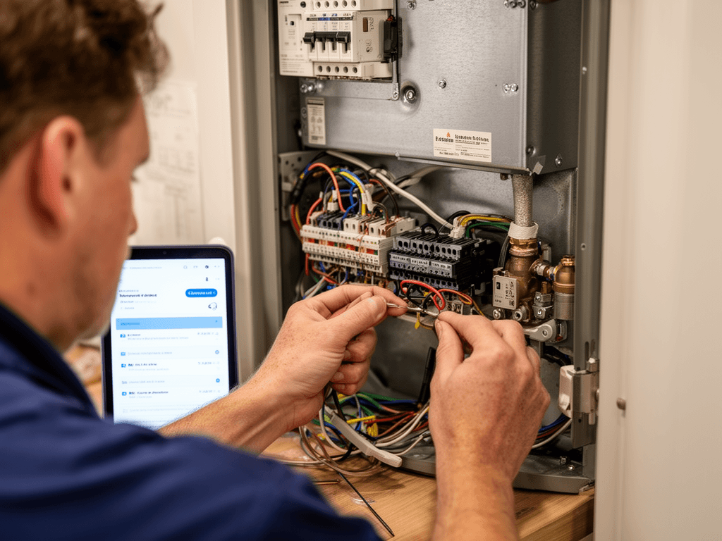 Service technician wiring a control panel with a tablet open beside him. Service technician wiring a control panel with a tablet open beside him.