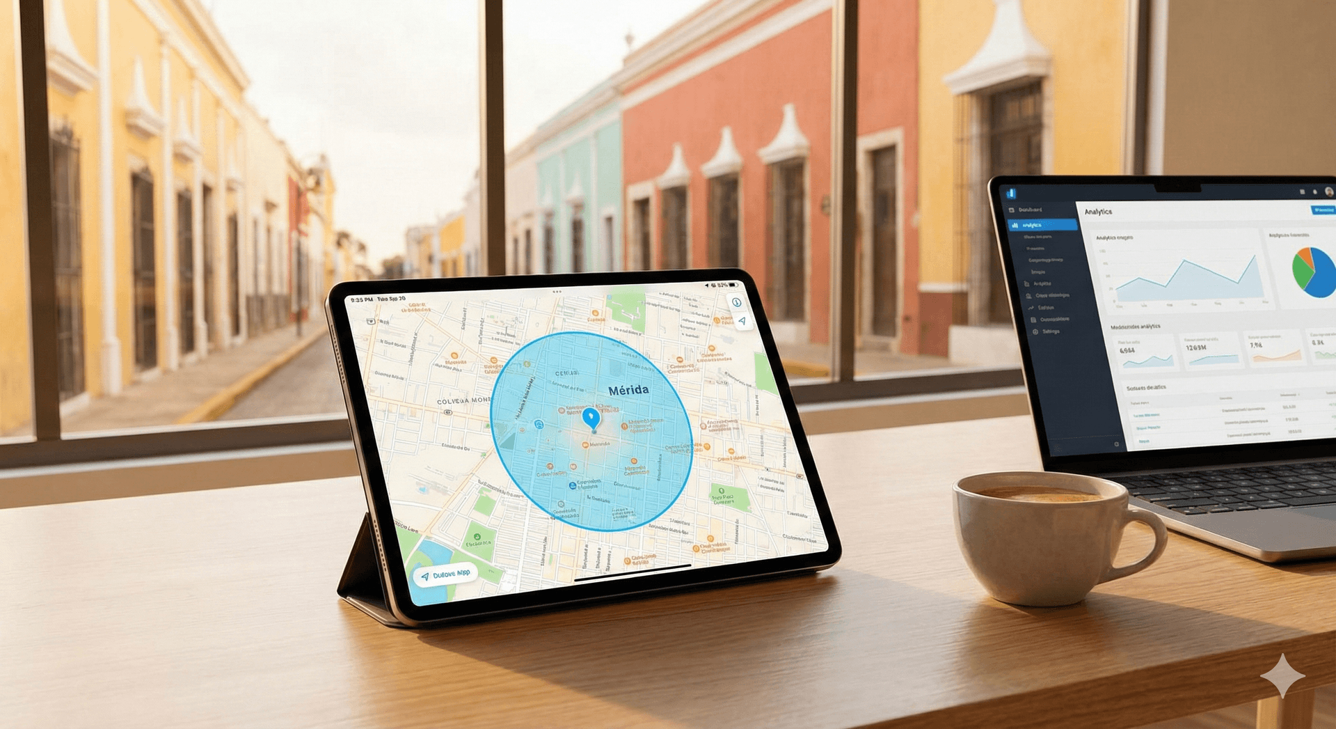 Tablet en un escritorio de trabajo en Mérida, mostrando un mapa digital con un radio de cobertura de publicidad activado sobre una zona comercial, junto a una laptop y café.