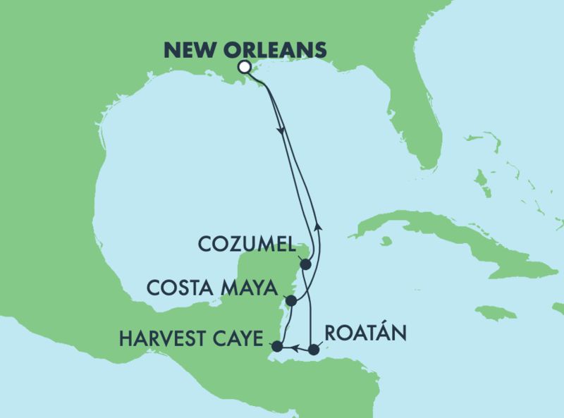 Map of a roundtrip cruise from New Orleans visiting Cozumel, Costa Maya, Roatán, and Harvest Caye.