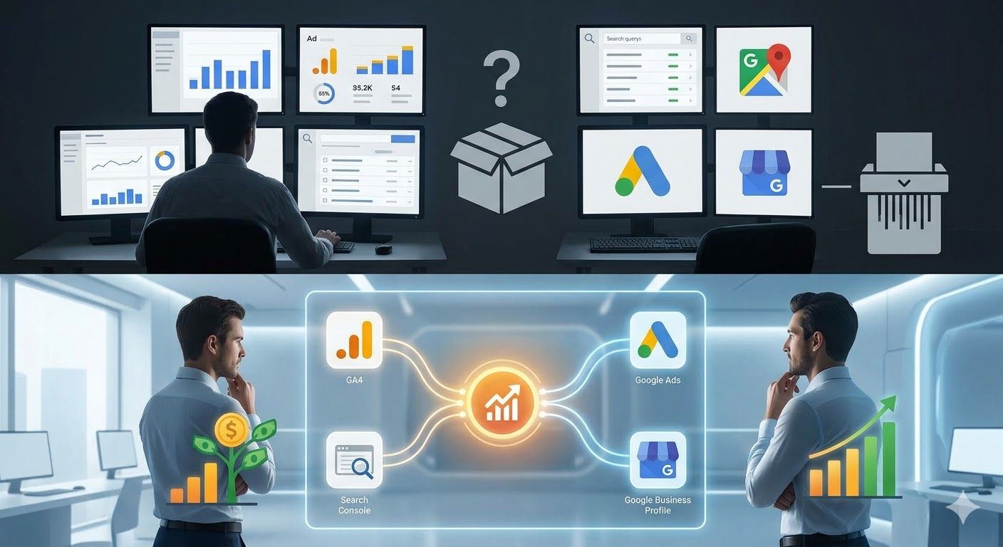 Infografía que contrasta pantallas de analítica web desorganizadas frente a una infraestructura digital unificada con GA4, Google Ads, Search Console y Google Business Profile. Infografía que contrasta pantallas de analítica web desorganizadas frente a una infraestructura digital unificada con GA4, Google Ads, Search Console y Google Business Profile.