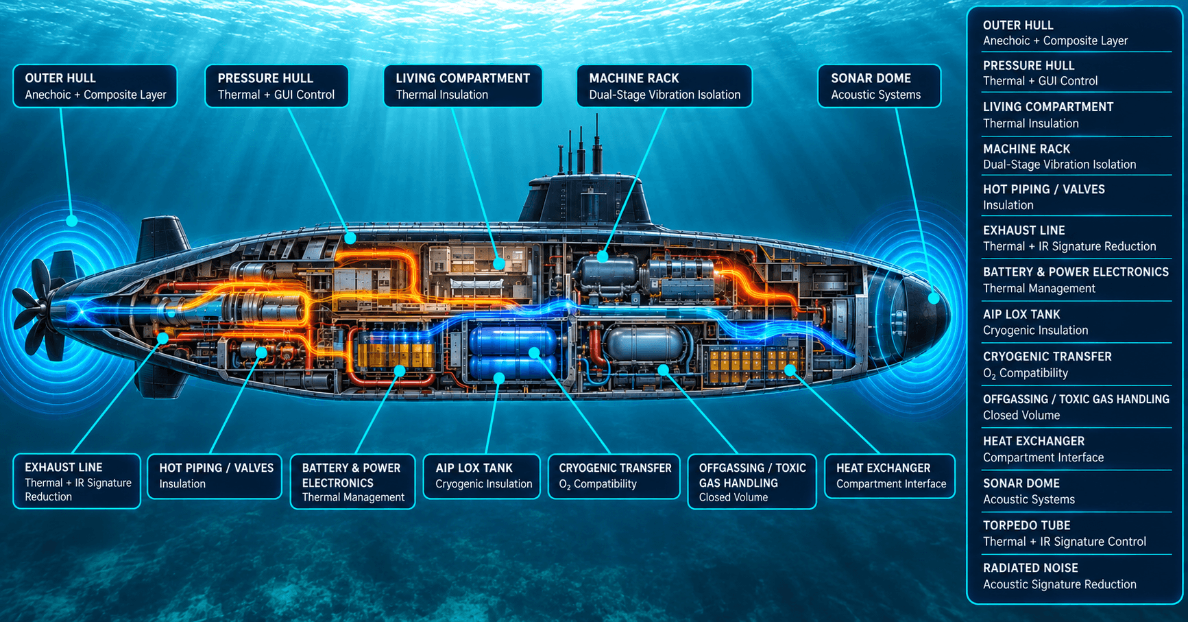 Acoustic and thermal layers around a submarine outer and pressure hull