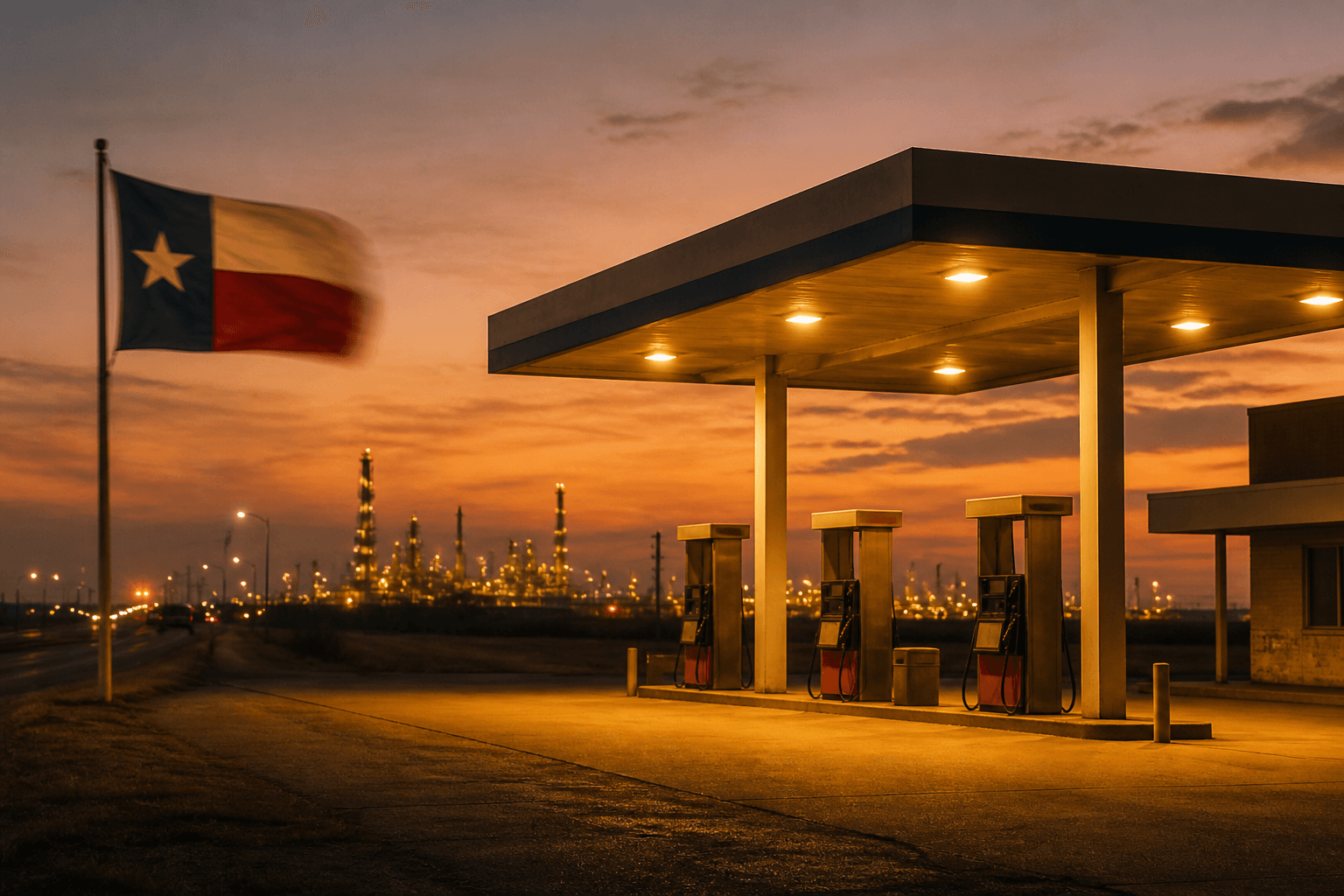 Fuel station at dusk with refinery lights in the distance