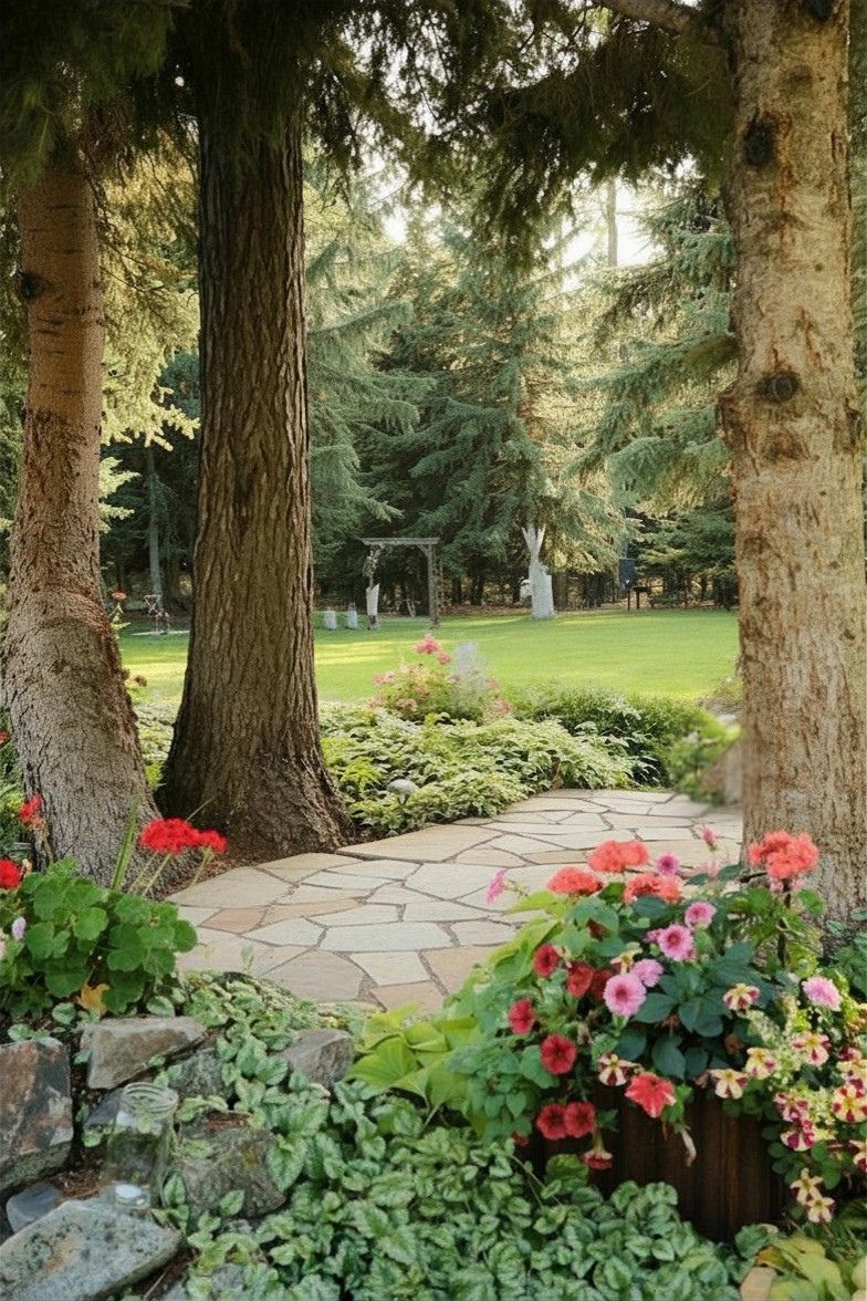Flowers in planters under large trees Flowers in planters under large trees
