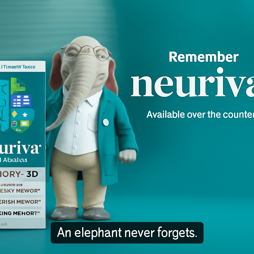 Cartoon elephant in a teal lab coat and glasses stands beside a Neuriva brain health supplement box on a turquoise background. Text on screen reads, “Remember Neuriva” and “An elephant never forgets.”