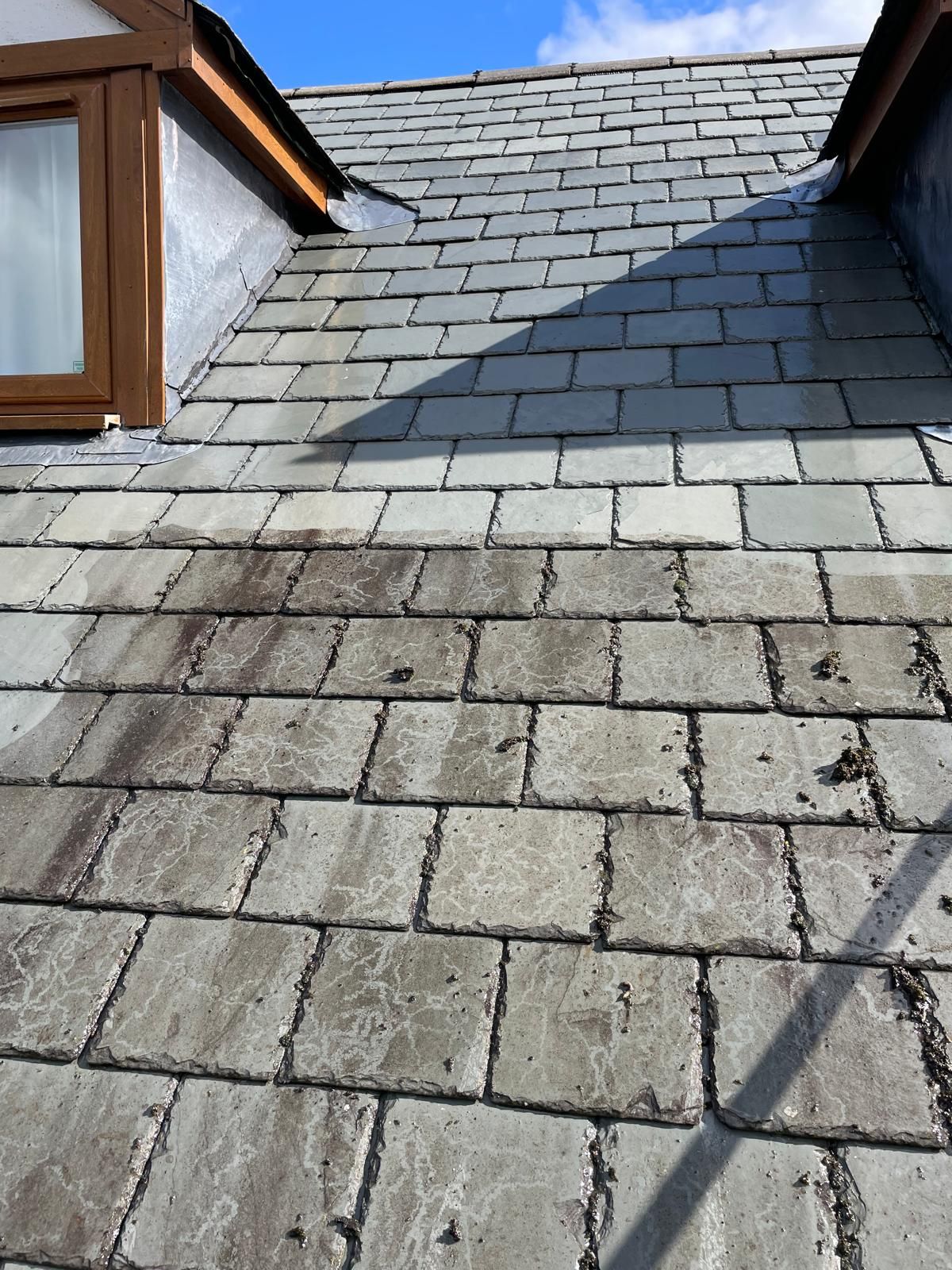 Slate roof tiles before and after low pressure cleaning