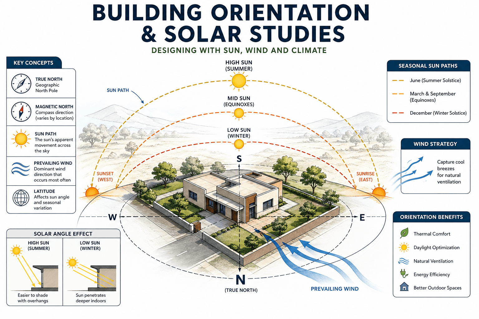 Building orientation and solar study principles for climate-responsive design.