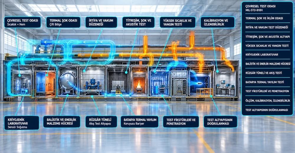 Çevresel test altyapısı infografiği: sıcaklık ve nem odası, termal şok, irtifa vakum düzeneği, titreşim şok akustik test, yüksek sıcaklık yangın, kriyojenik laboratuvar, balistik ve enerjik malzeme hücresi, rüzgâr tüneli, batarya termal yayılım, fikstür, penetrasyon, ölçüm ve kalibrasyon