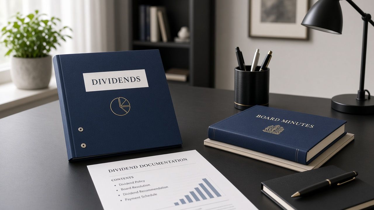 Dividend paperwork and board minutes on an organised desk.
