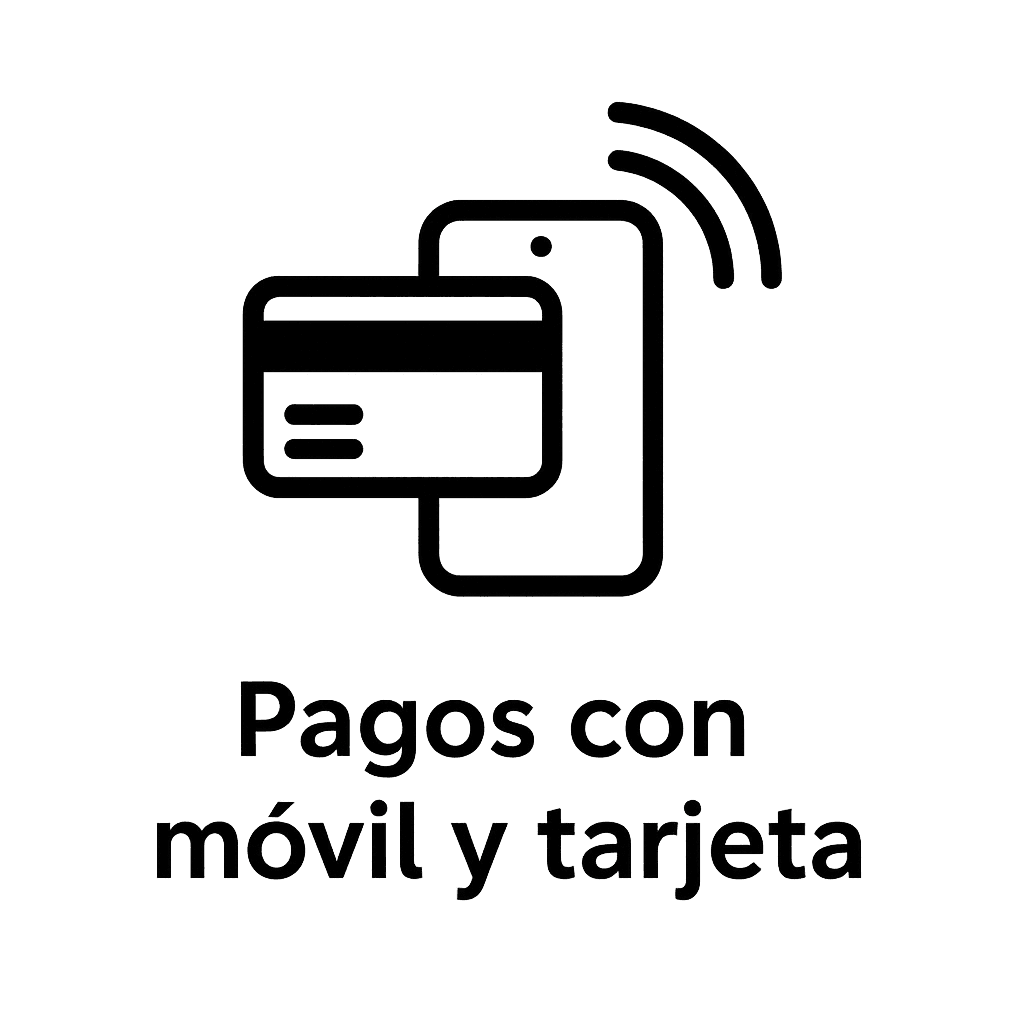 Icono de una tarjeta de crédito y un smartphone, con el texto “Pagos con móvil y tarjeta”. Comunica que el centro acepta pagos electrónicos con terminal TPV y NFC.