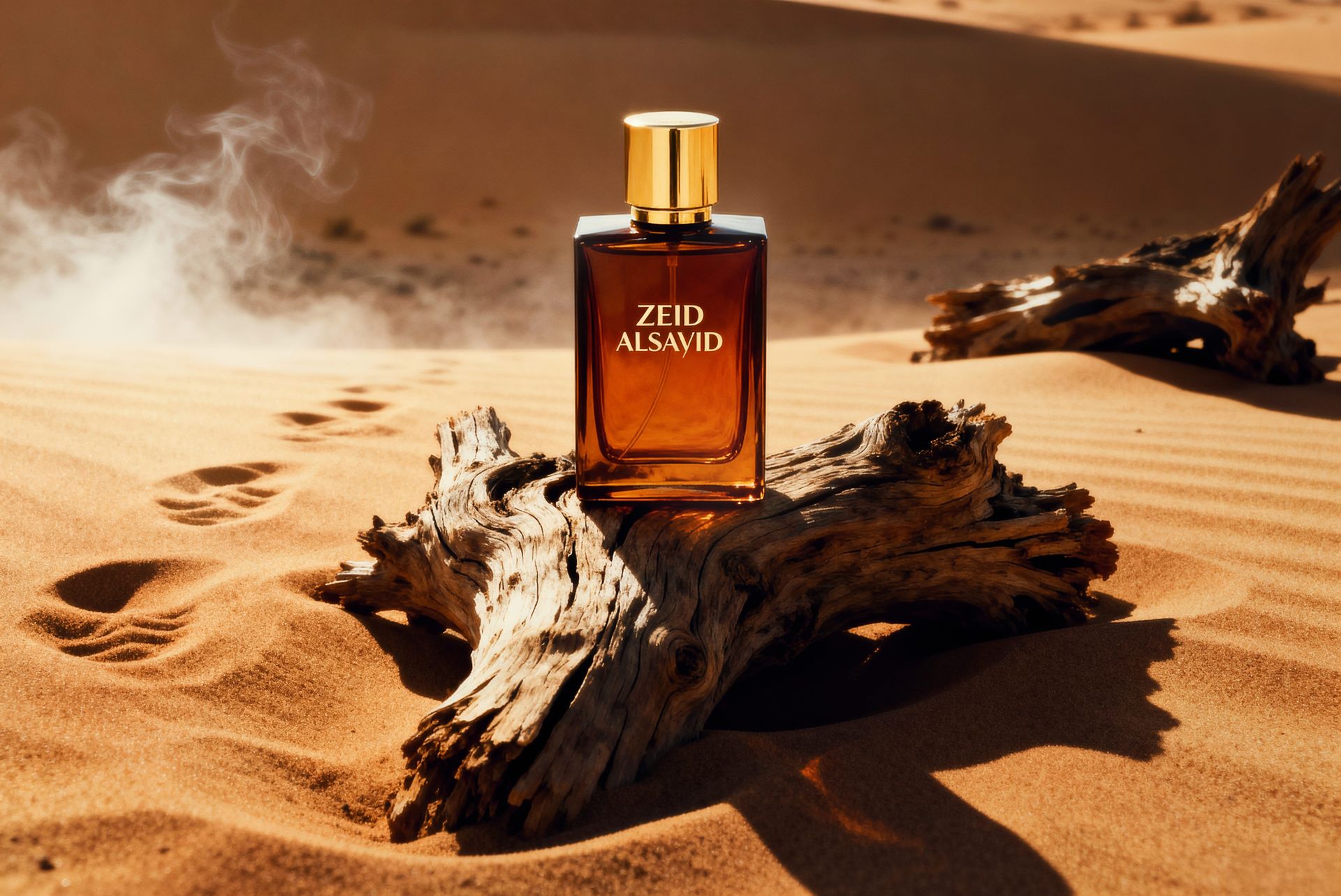 Cinematic product photography by Zeid Alsayid — luxury perfume bottle captured in the UAE desert using natural light and AI-enhanced post-production for premium commercial visuals.