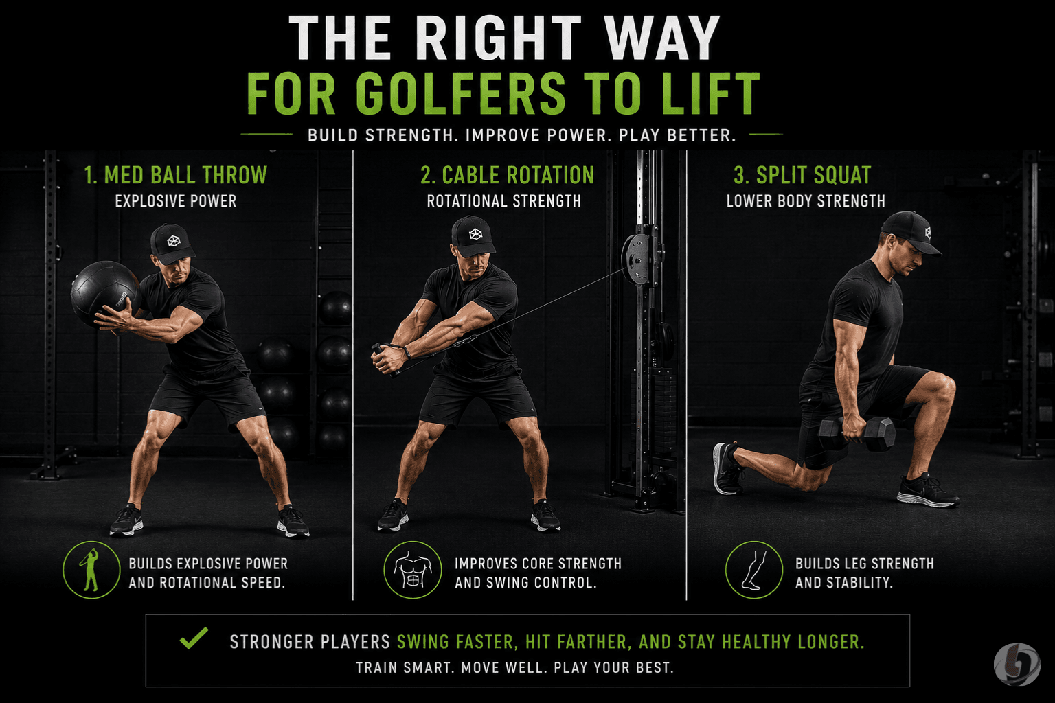 Golf-specific strength exercises including medicine ball throws, cable rotations, and split squats for swing speed and rotational power