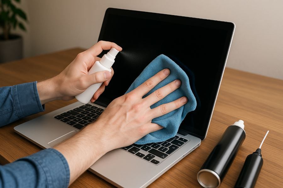 Un homme qui nettoie son ordinateur portable. Un homme qui nettoie son ordinateur portable.