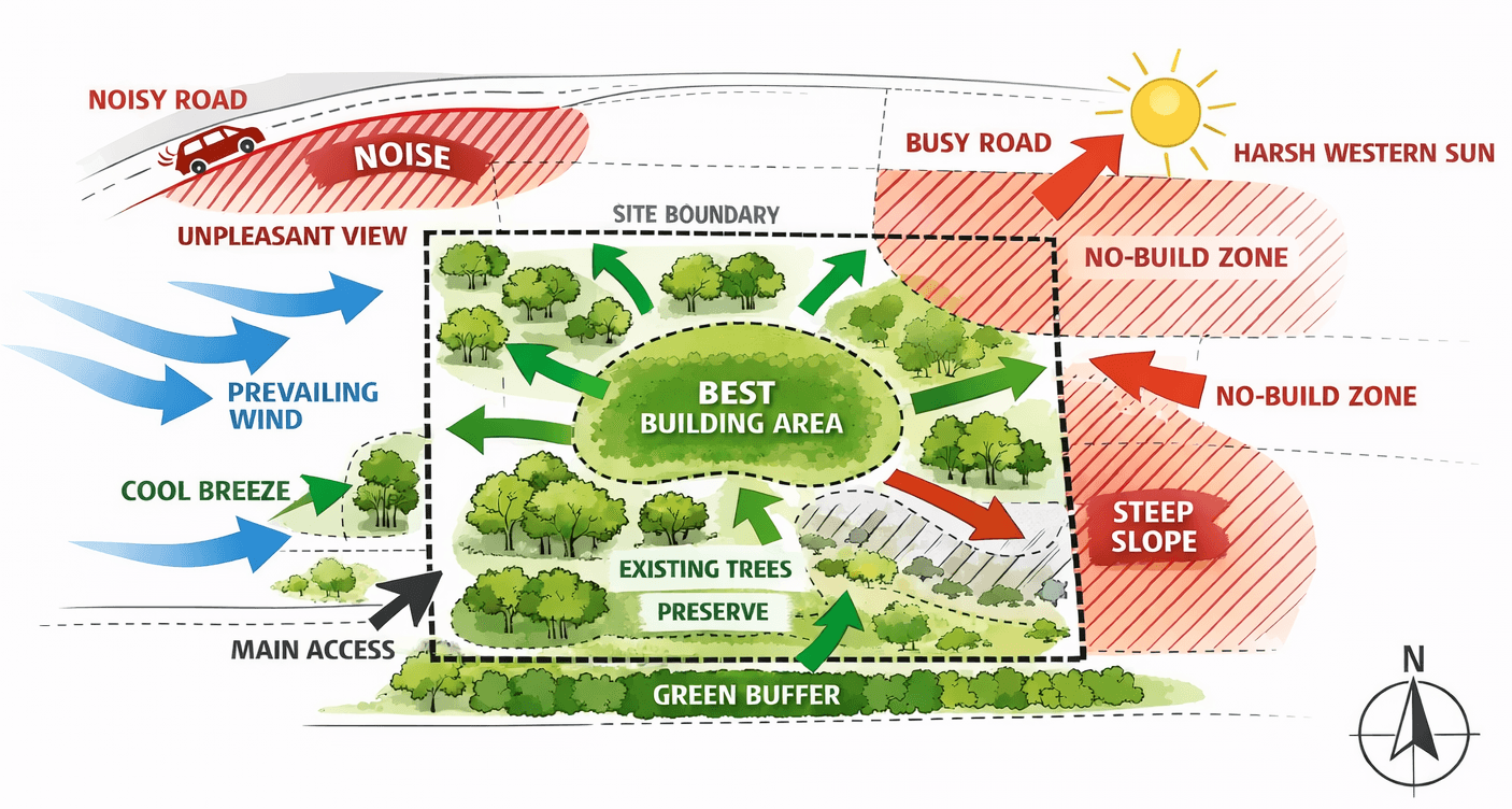 architectural site analysis diagram illustrating constraints and opportunities, including a noisy road, harsh western sun, steep slope, no-build zones, prevailing wind direction, main access point, existing trees to preserve, green buffer zones, and the optimal building area within the site boundary. architectural site analysis diagram illustrating constraints and opportunities, including a noisy road, harsh western sun, steep slope, no-build zones, prevailing wind direction, main access point, existing trees to preserve, green buffer zones, and the optimal building area within the site boundary.