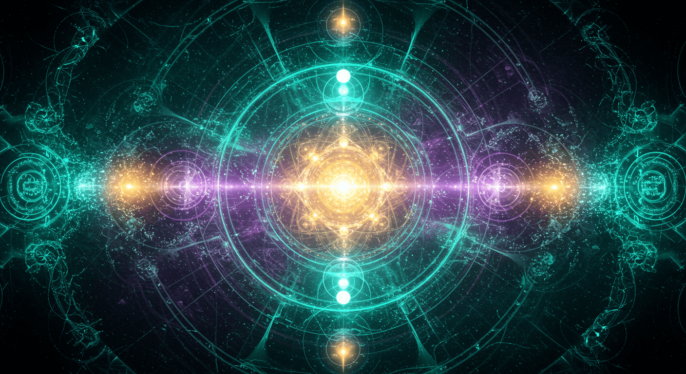 Padrões de geometria sagrada com luzes douradas, violetas e turquesa, simbolizando frequências solfeggio que elevam a vibração, equilíbrio e abundância. Padrões de geometria sagrada com luzes douradas, violetas e turquesa, simbolizando frequências solfeggio que elevam a vibração, equilíbrio e abundância.