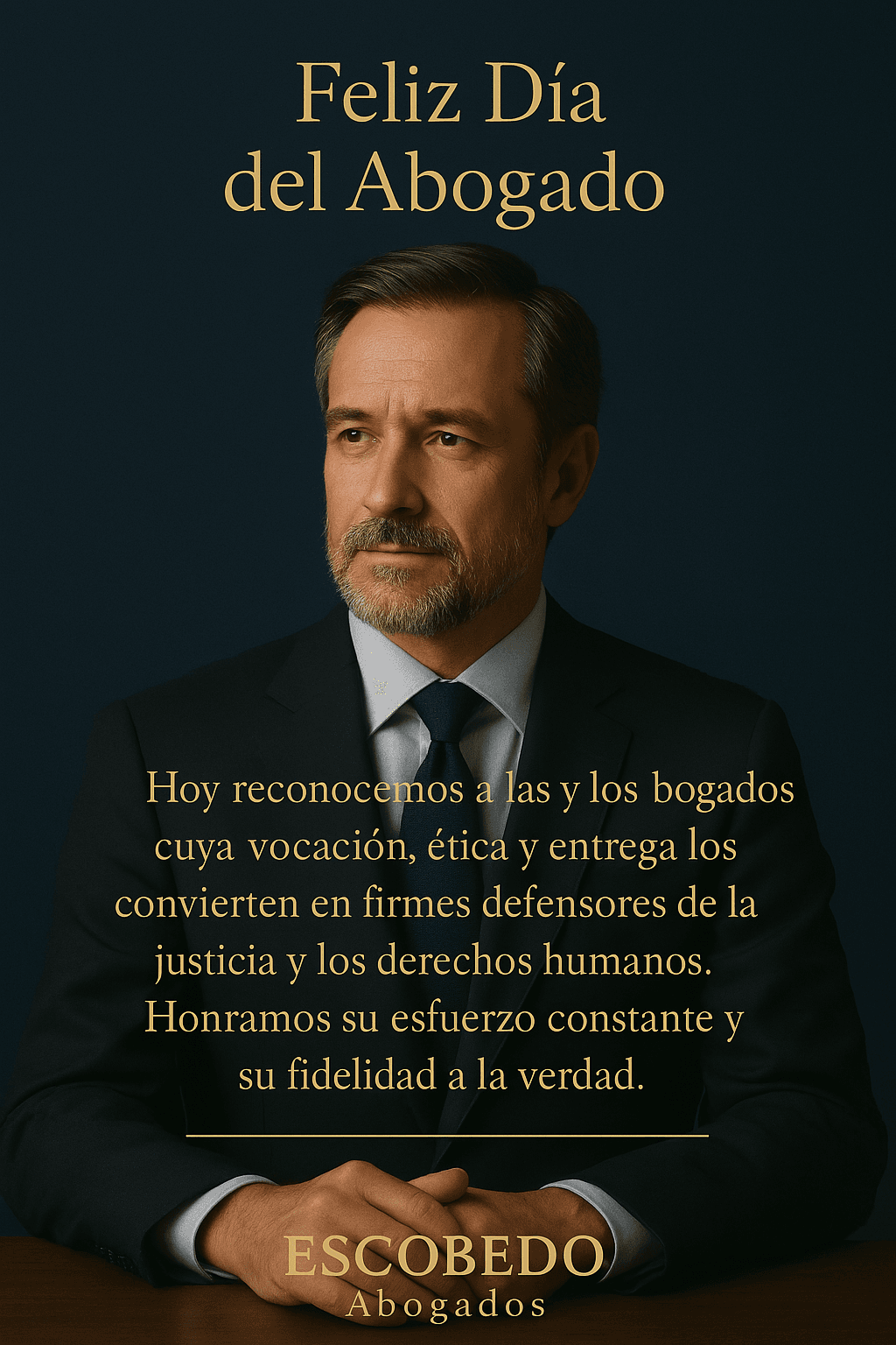 Imagen vertical con escritorio jurídico iluminado suavemente; balanza dorada en segundo plano, pluma estilográfica y documentos organizados en primer plano; composición sobria que simboliza ética profesional, vocación jurídica y homenaje institucional por el Día del Abogado. Imagen vertical con escritorio jurídico iluminado suavemente; balanza dorada en segundo plano, pluma estilográfica y documentos organizados en primer plano; composición sobria que simboliza ética profesional, vocación jurídica y homenaje institucional por el Día del Abogado.
