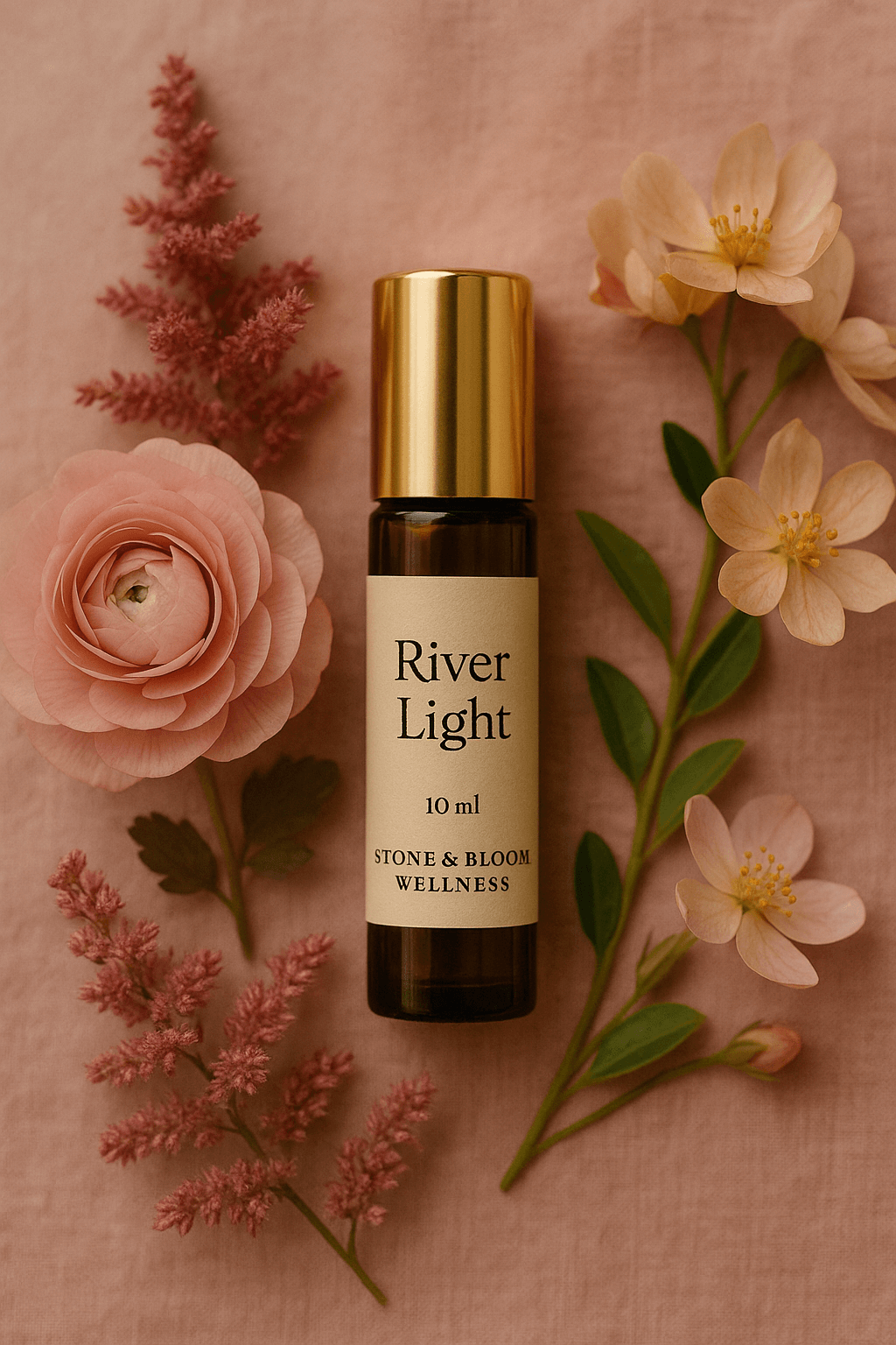 Essential oil roll on bottle on dry leaves, and mirror reflection Essential oil roll on bottle on dry leaves, and mirror reflection