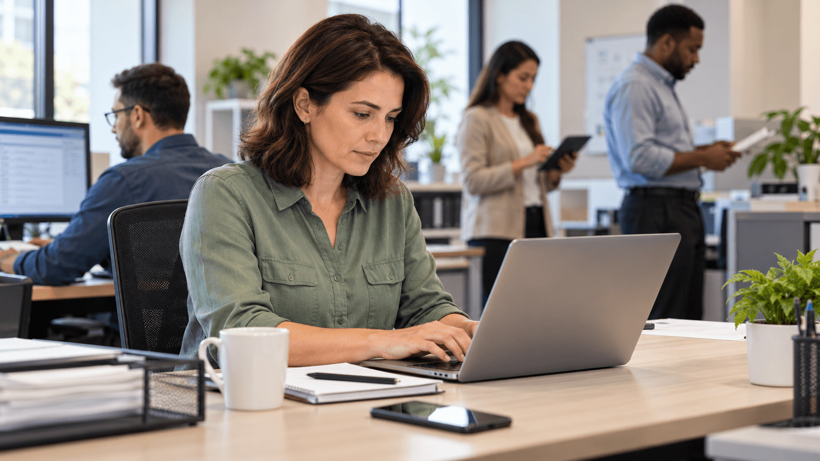 Employee working on a laptop in an office where colleagues are performing different business activities. Employee working on a laptop in an office where colleagues are performing different business activities.