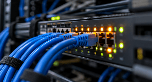 Close-up of network equipment with illuminated status indicators and connected cables. Close-up of network equipment with illuminated status indicators and connected cables.