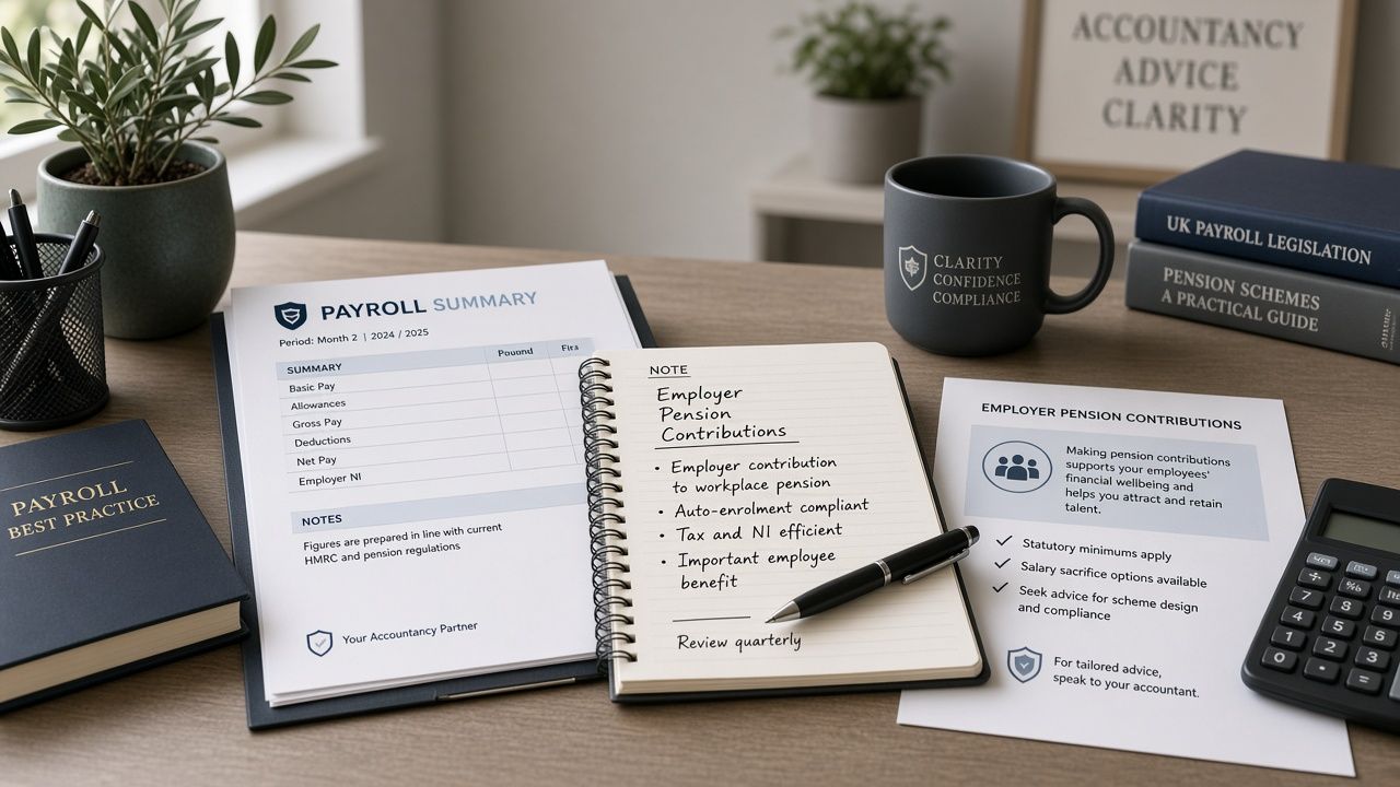 Notebook notes on employer pension contributions beside payroll documents.