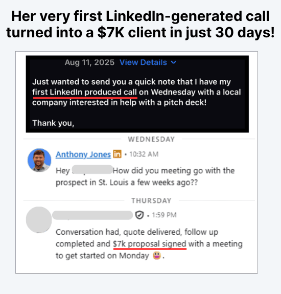 Client DM showing first LinkedIn call that became a $7k client