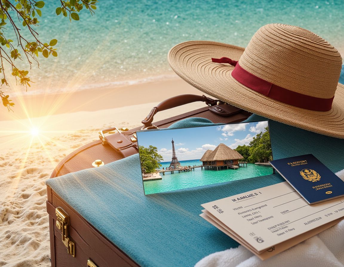 A beach scene with a suitcase, sunhat, passport, and plane tickets, symbolizing upcoming travel plans. A photo of tropical overwater bungalows and the Eiffel Tower rests on the suitcase beside the turquoise sea. A beach scene with a suitcase, sunhat, passport, and plane tickets, symbolizing upcoming travel plans. A photo of tropical overwater bungalows and the Eiffel Tower rests on the suitcase beside the turquoise sea.