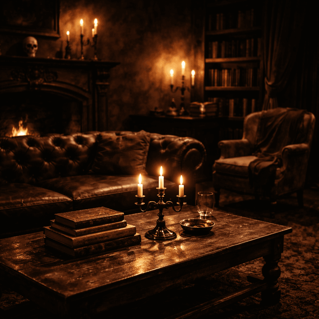 layered gothic living room with coffee table books, candles, and textured surfaces