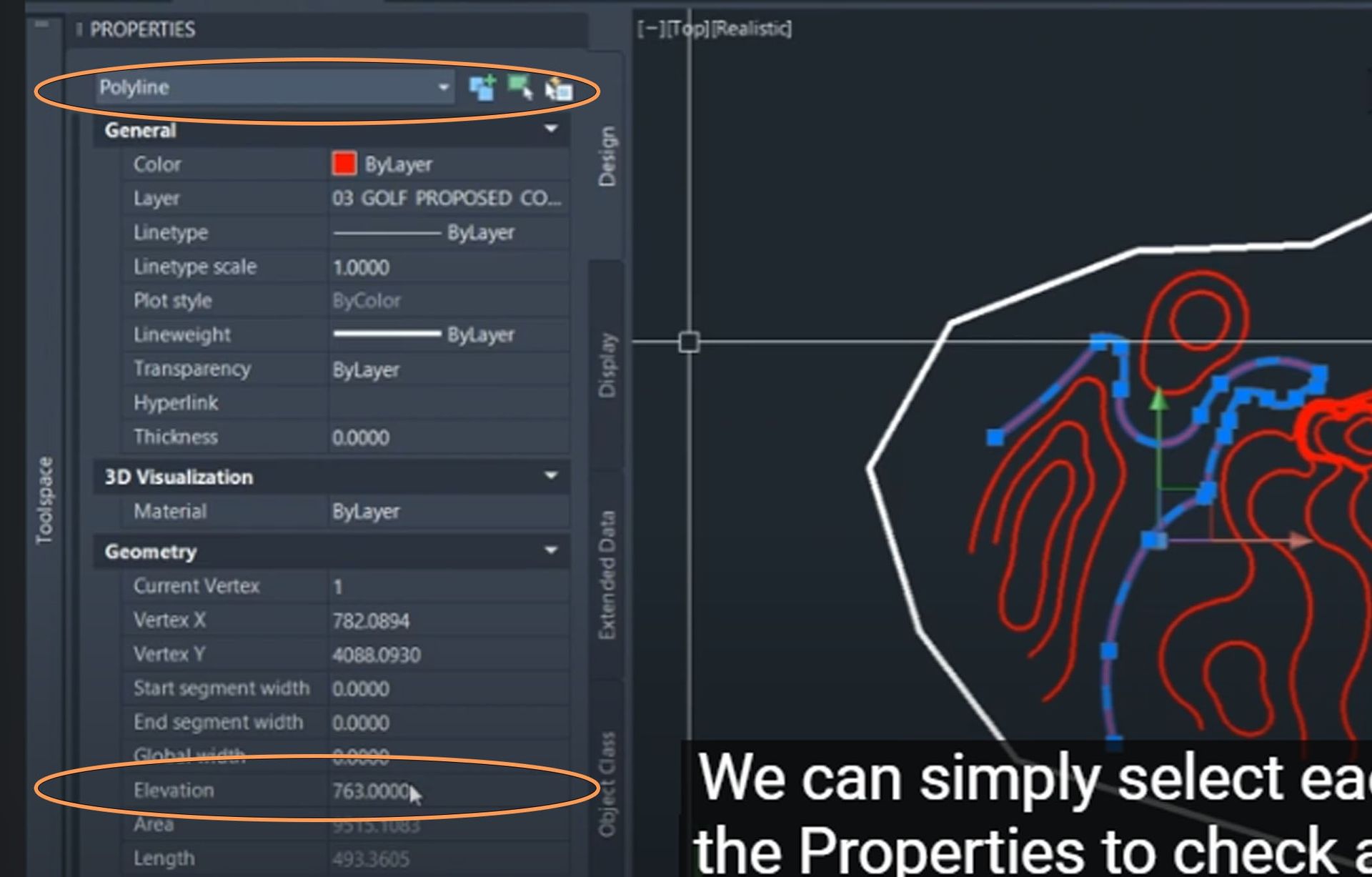 AutoCAD Civil 3D screenshot showing where to find object and elevation of a polyline