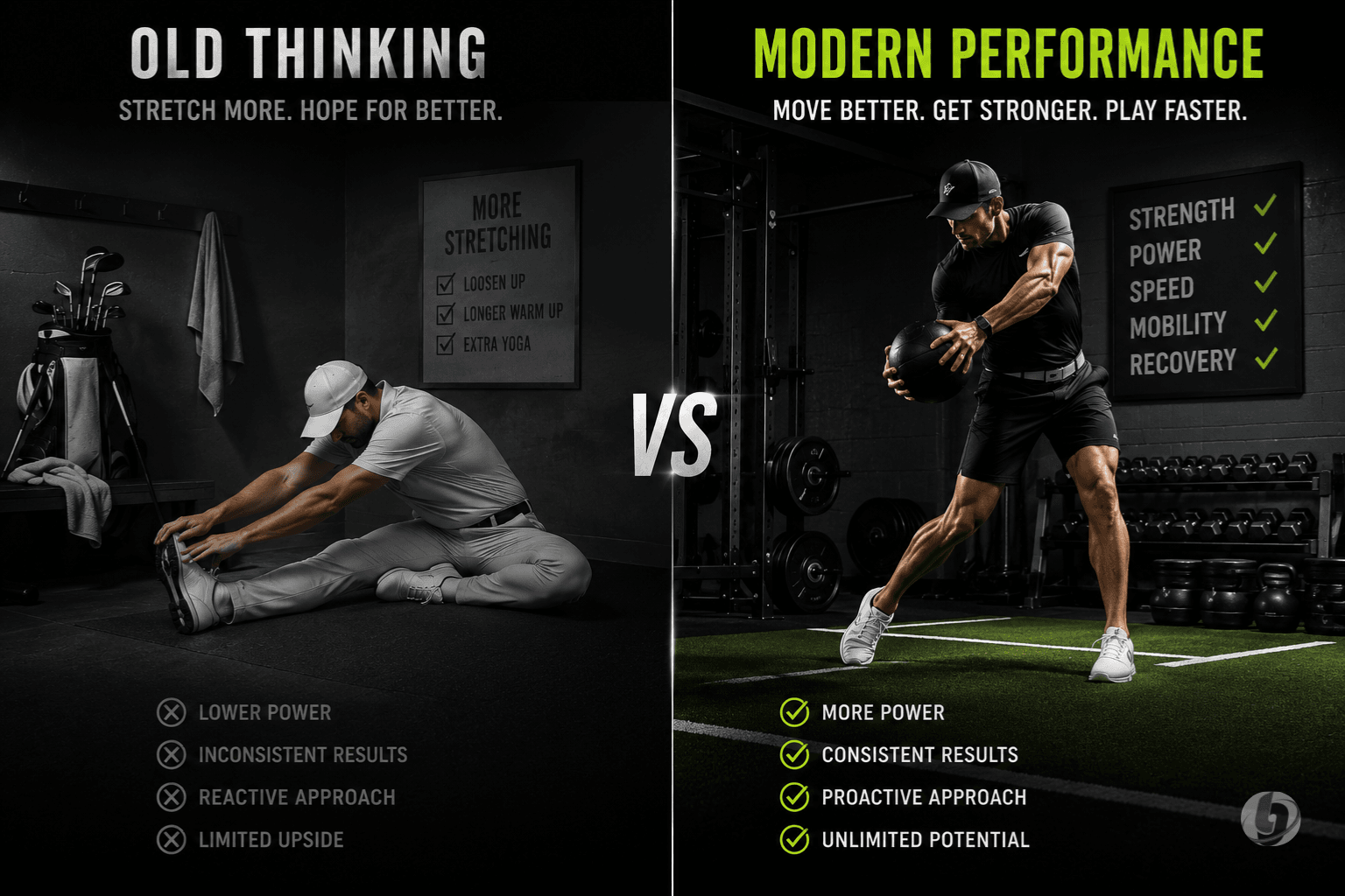 Comparison of outdated golf stretching methods versus modern golf strength and performance training for swing speed and consistency