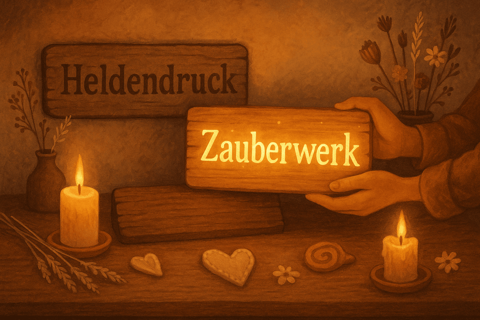 Illustration mit Holzschildern Heldendruck und Zauberwerk, umgeben von Kerzen, Blumen und handgemachter Dekoration – Symbol für den Neubeginn und die Vereinigung von Kreativität und Handarbeit.