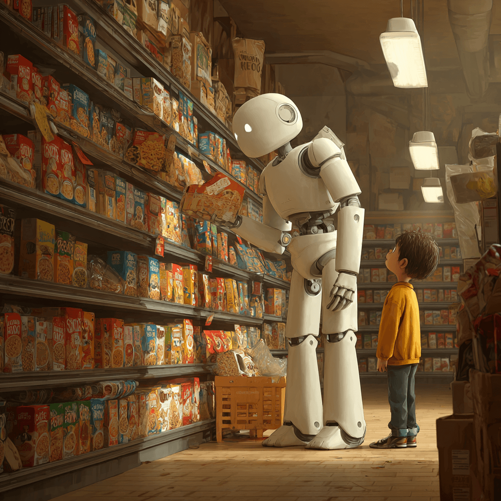 Figure 01 cartoon animated robot stocking shelves