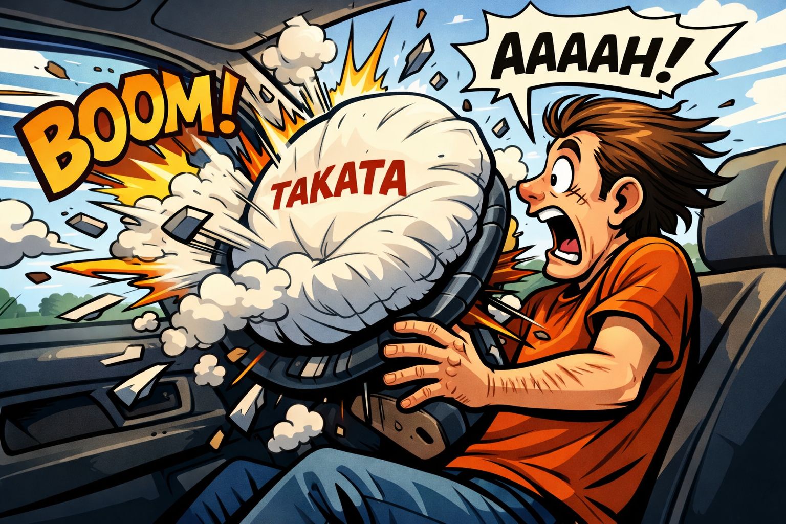image cartoon d'un airbag Takata qui explose
