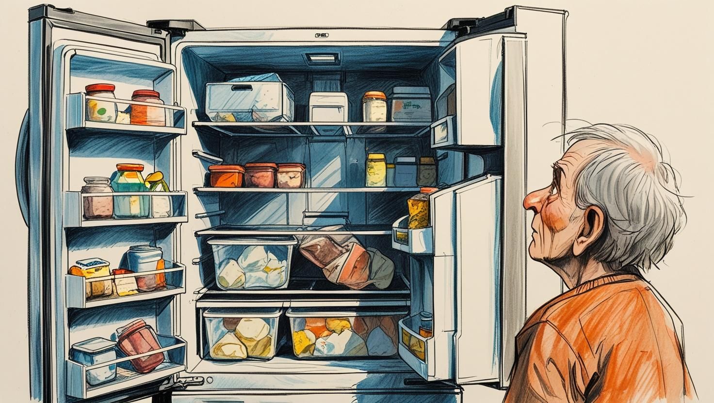 Fridge with minimal food and expired items, reflecting malnutrition risk in elderly care.