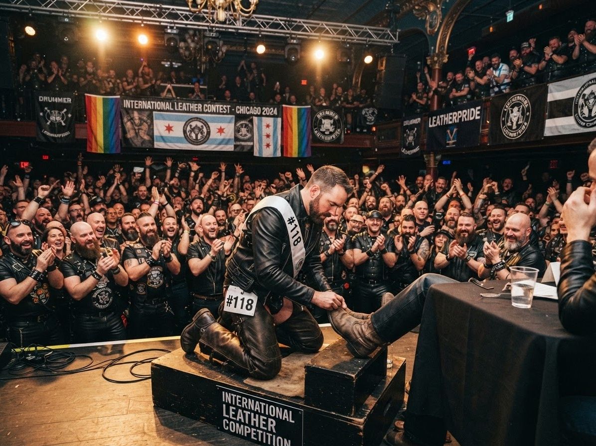 A leather contestant numbered 118 kneels on stage at the International Leather Competition in Chicago polishing a boot before a packed and cheering crowd with rainbow and Chicago flags visible overhead A leather contestant numbered 118 kneels on stage at the International Leather Competition in Chicago polishing a boot before a packed and cheering crowd with rainbow and Chicago flags visible overhead