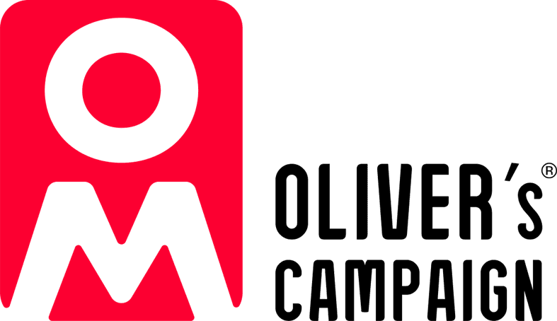 Logo for Oliver’s Campaign featuring a bold red symbol combining the letters "O" and "M" with the campaign name in black text.