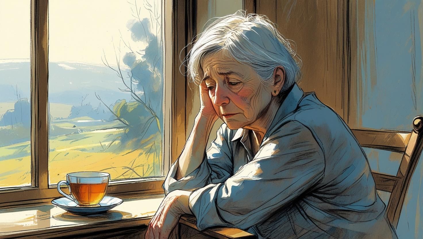 Elderly person sitting alone by window, showing signs of loneliness or emotional withdrawal. Elderly person sitting alone by window, showing signs of loneliness or emotional withdrawal.