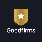 The image is a black square logo with a gold shield toward the top. The shield has a white star in the center of it. Then in white, the word Goodfirms is printed