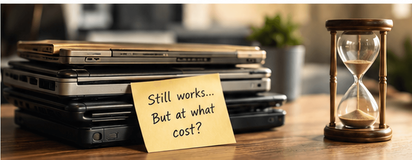 Stack of aging laptop computers beside an hourglass representing the hidden costs of maintaining older technology. Stack of aging laptop computers beside an hourglass representing the hidden costs of maintaining older technology.