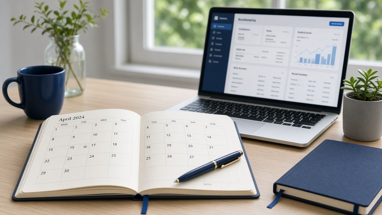 Desk diary open near a laptop used for digital bookkeeping records ahead of Making Tax Digital deadlines. Desk diary open near a laptop used for digital bookkeeping records ahead of Making Tax Digital deadlines.