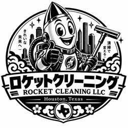 Rocket Cleaning LLC Houston skyline and cleaning mascot logo