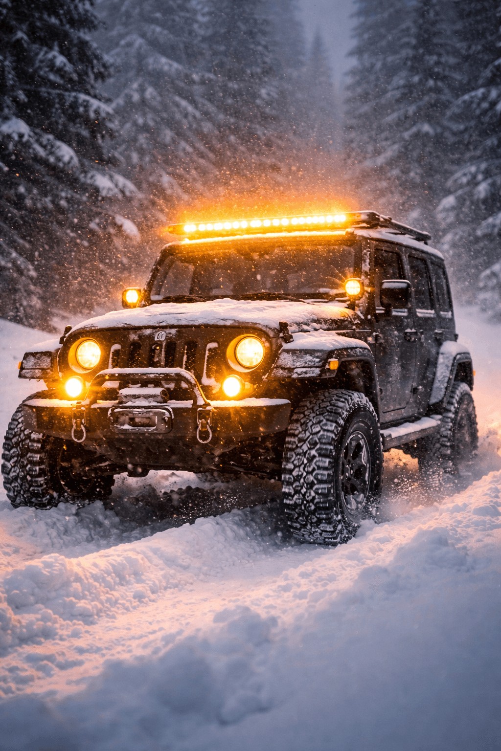 Jeep on a snowy Tennessee road using amber auxiliary lights for winter visibility.