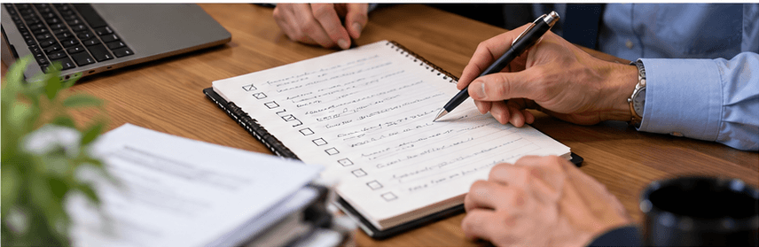 Two colleagues reviewing a recovery plan and checklist during business continuity planning. Two colleagues reviewing a recovery plan and checklist during business continuity planning.