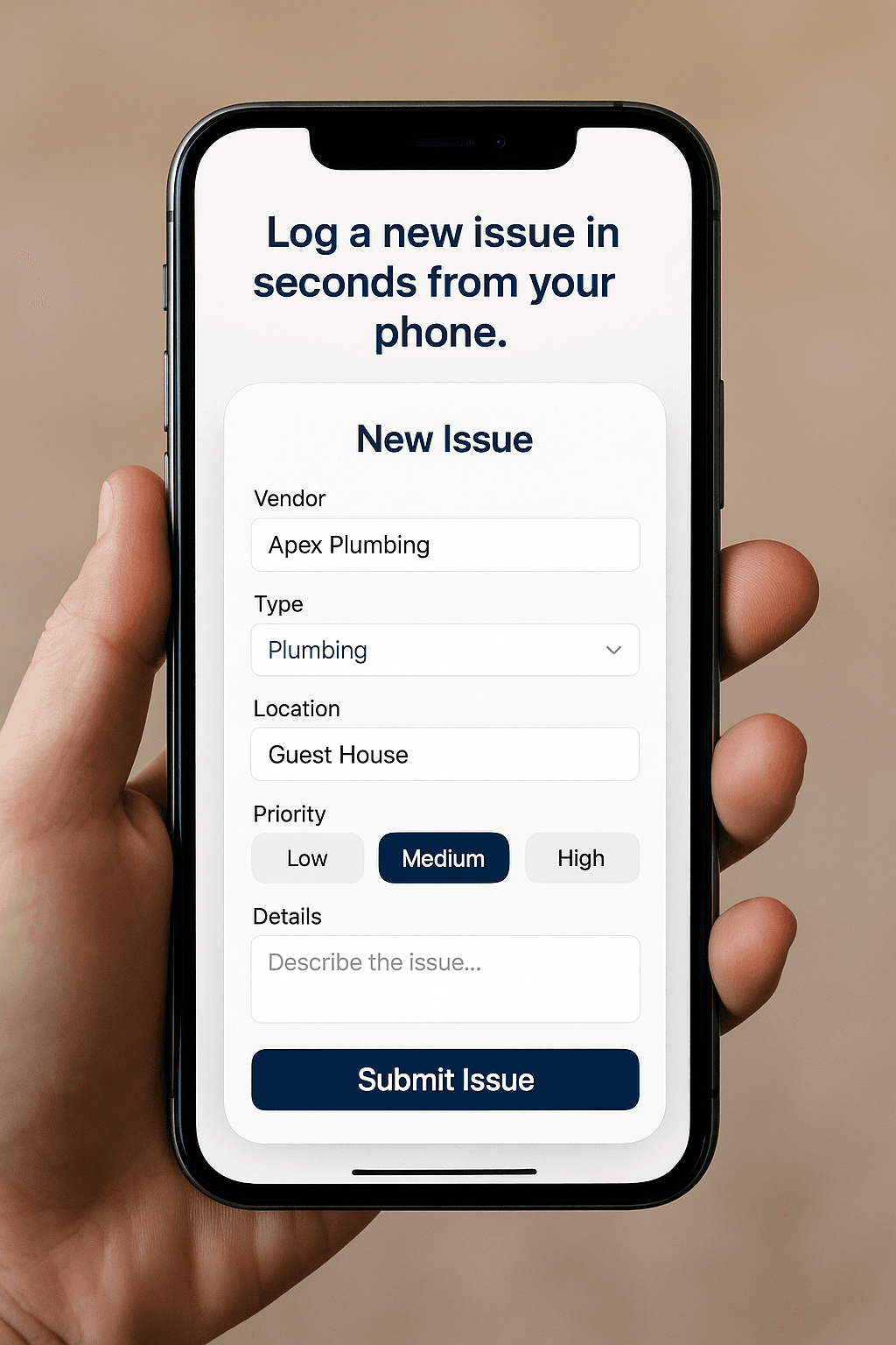New Issue Form Log a new issue in seconds from your phone. 