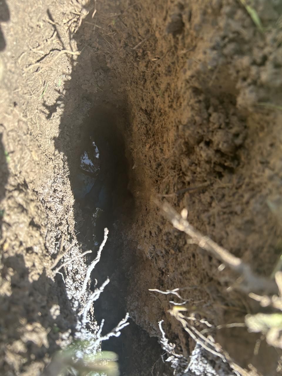 A buried utility exposed at depth in an open excavation