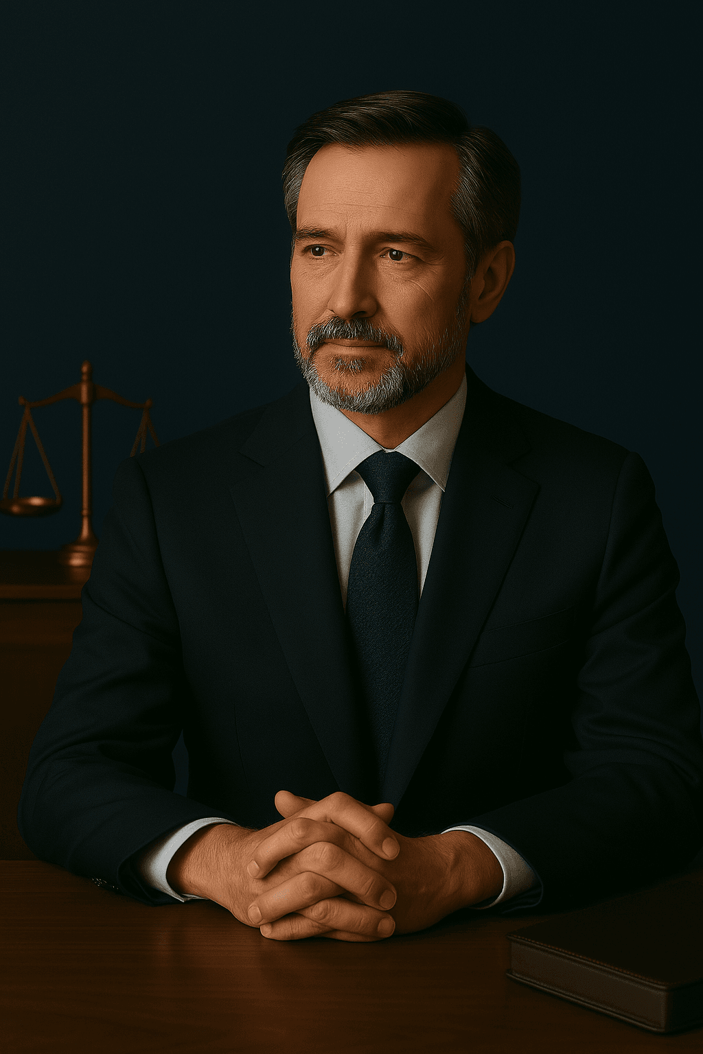 Balanza dorada ligeramente desenfocada junto a escritorio jurídico con pluma estilográfica, portafolio legal y documentos organizados; escena vertical sobria y elegante que evoca ética profesional, vocación jurídica y solemnidad institucional en el Día del Abogado. Balanza dorada ligeramente desenfocada junto a escritorio jurídico con pluma estilográfica, portafolio legal y documentos organizados; escena vertical sobria y elegante que evoca ética profesional, vocación jurídica y solemnidad institucional en el Día del Abogado.