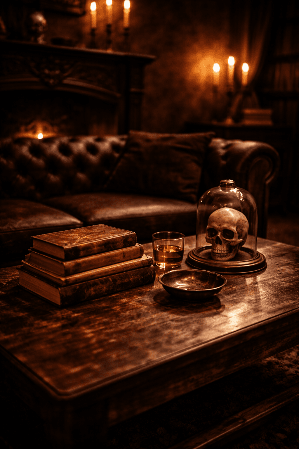 gothic coffee table with stacked books, skull under glass cloche, and candlelight