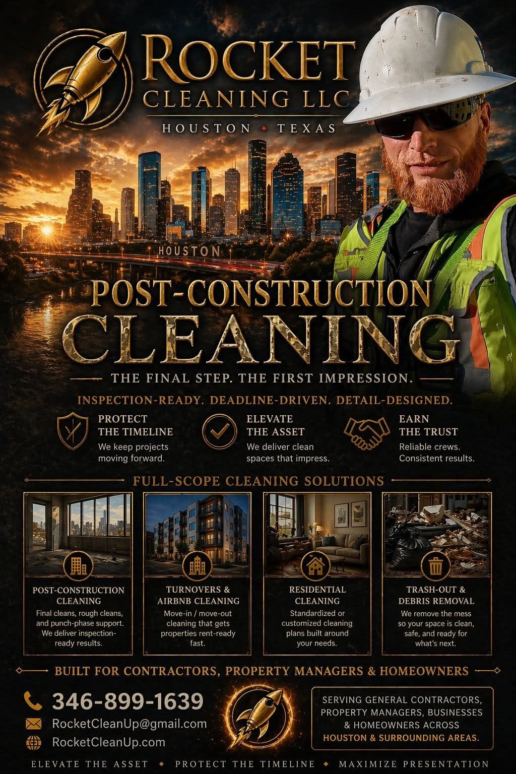 Chris Stewart of Rocket Cleaning LLC in the company’s Houston post-construction graphic
