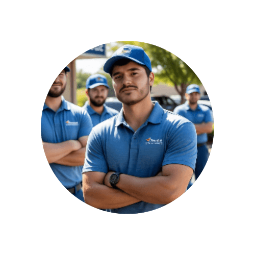 Group of workers wearing blue uniforms and hats, standing outdoors with arms crossed.