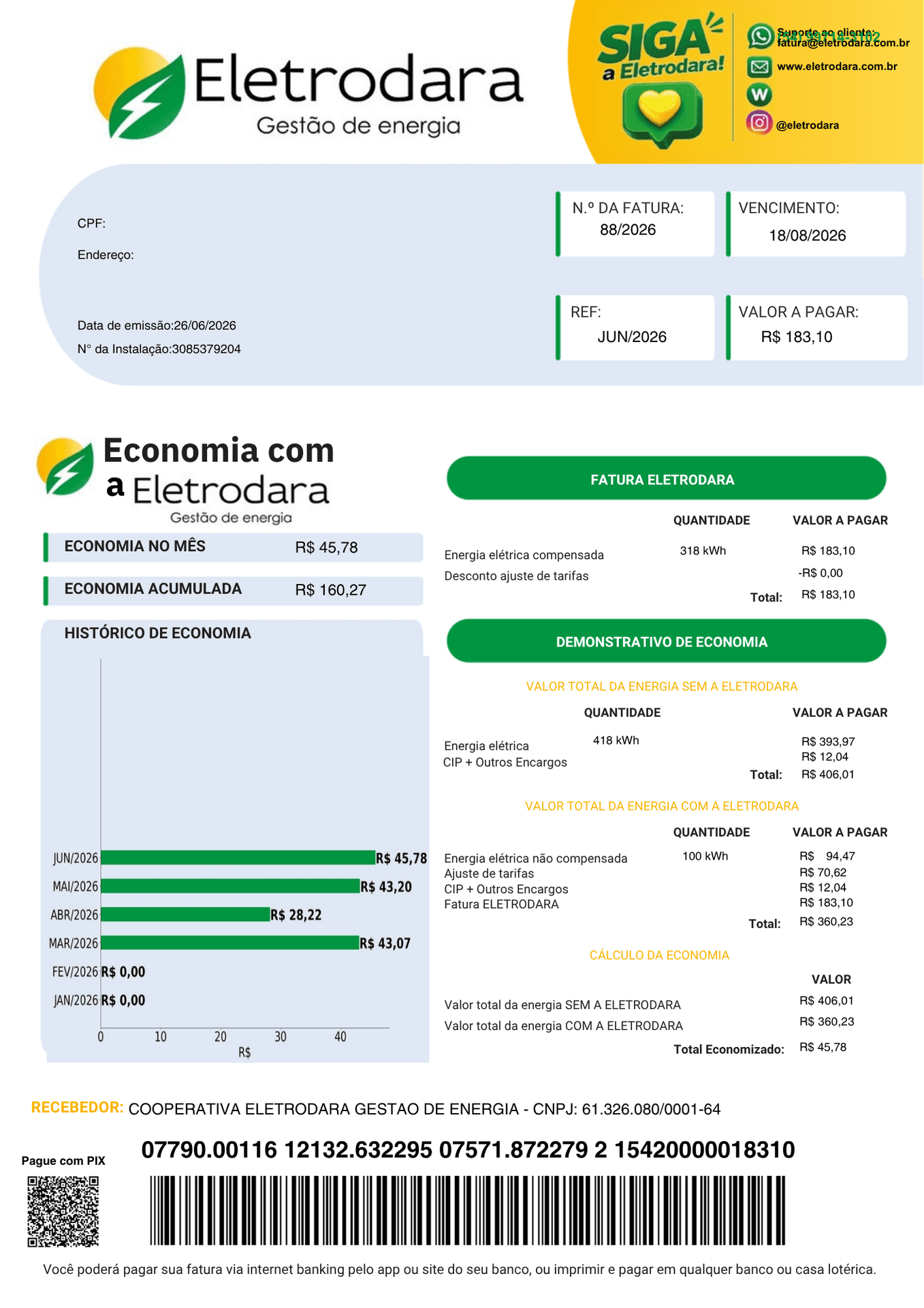 Fatura real da Eletrodara com dados pessoais ocultados